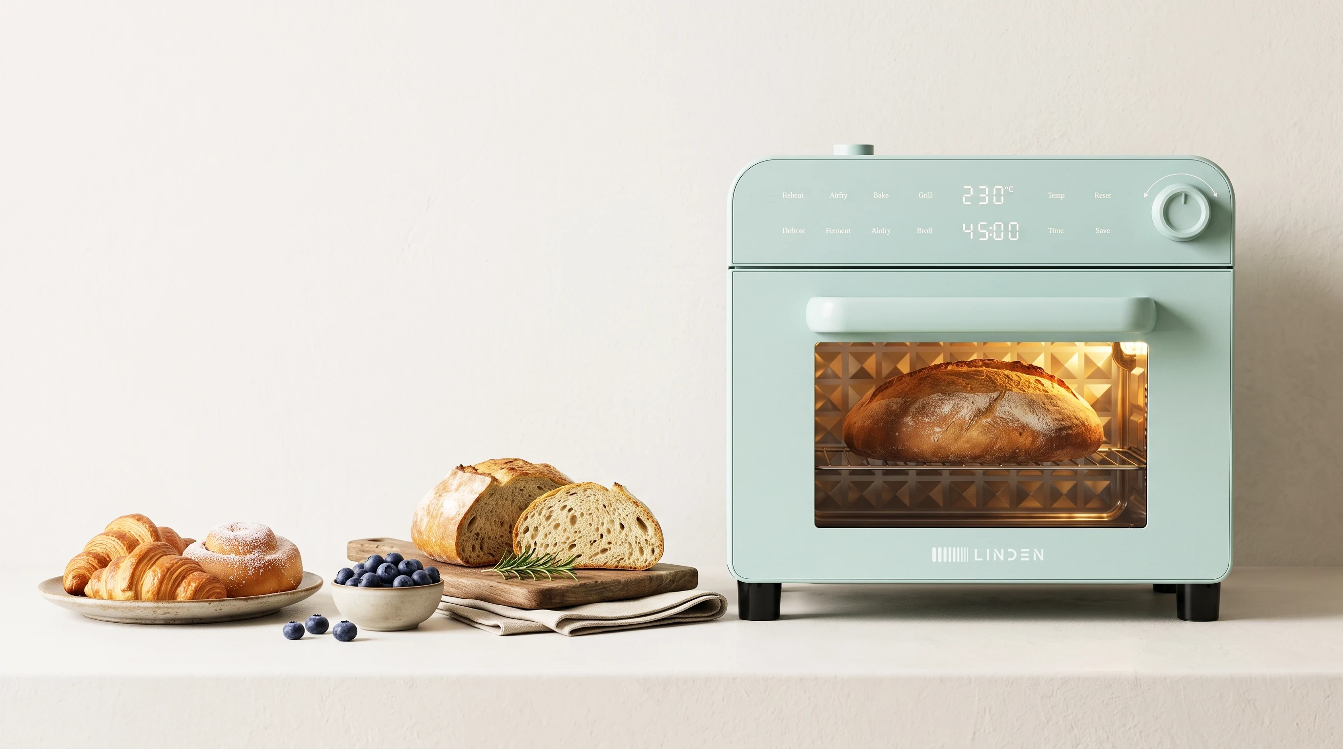 LINDENCOOK countertop oven with fresh bread and pastries