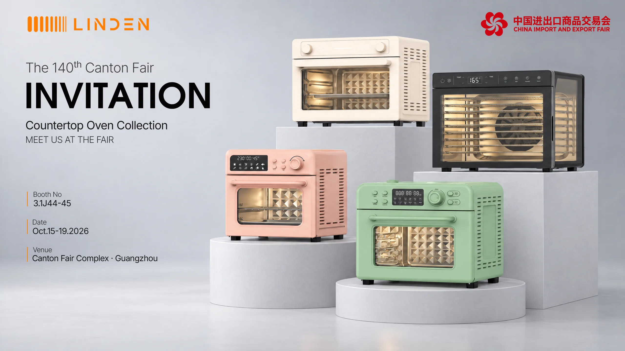 LINDENCOOK invitation to the 140th Canton Fair, 15–19 October 2026, booth 3.1J44–45, showing countertop air fryer ovens