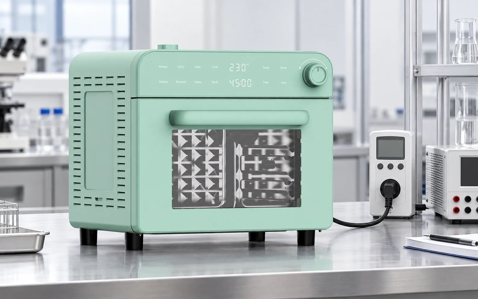 Countertop oven energy and standby-power test setup with plug-in power meter in an appliance laboratory