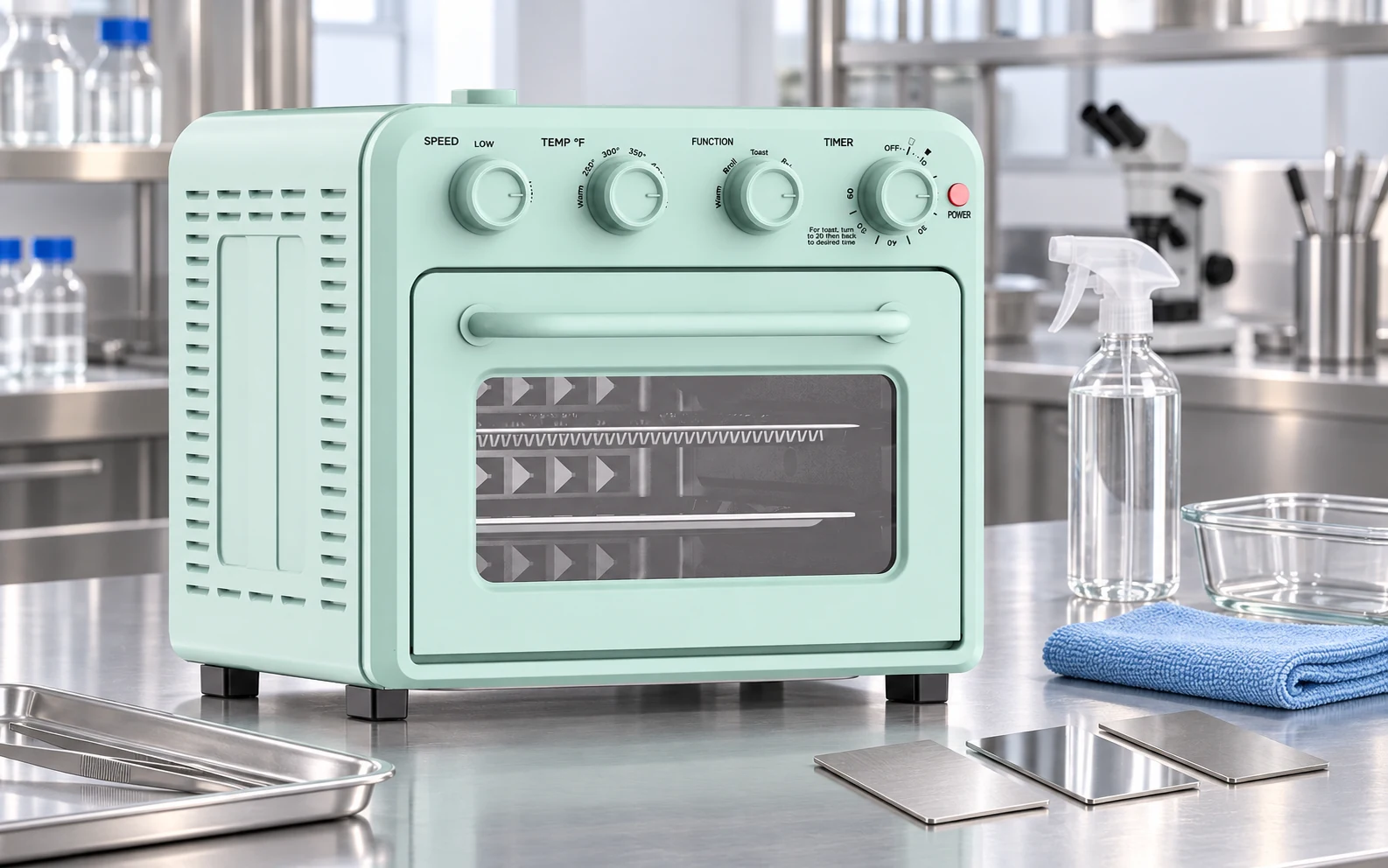 Countertop oven food-contact materials and cleaning validation setup in an appliance laboratory