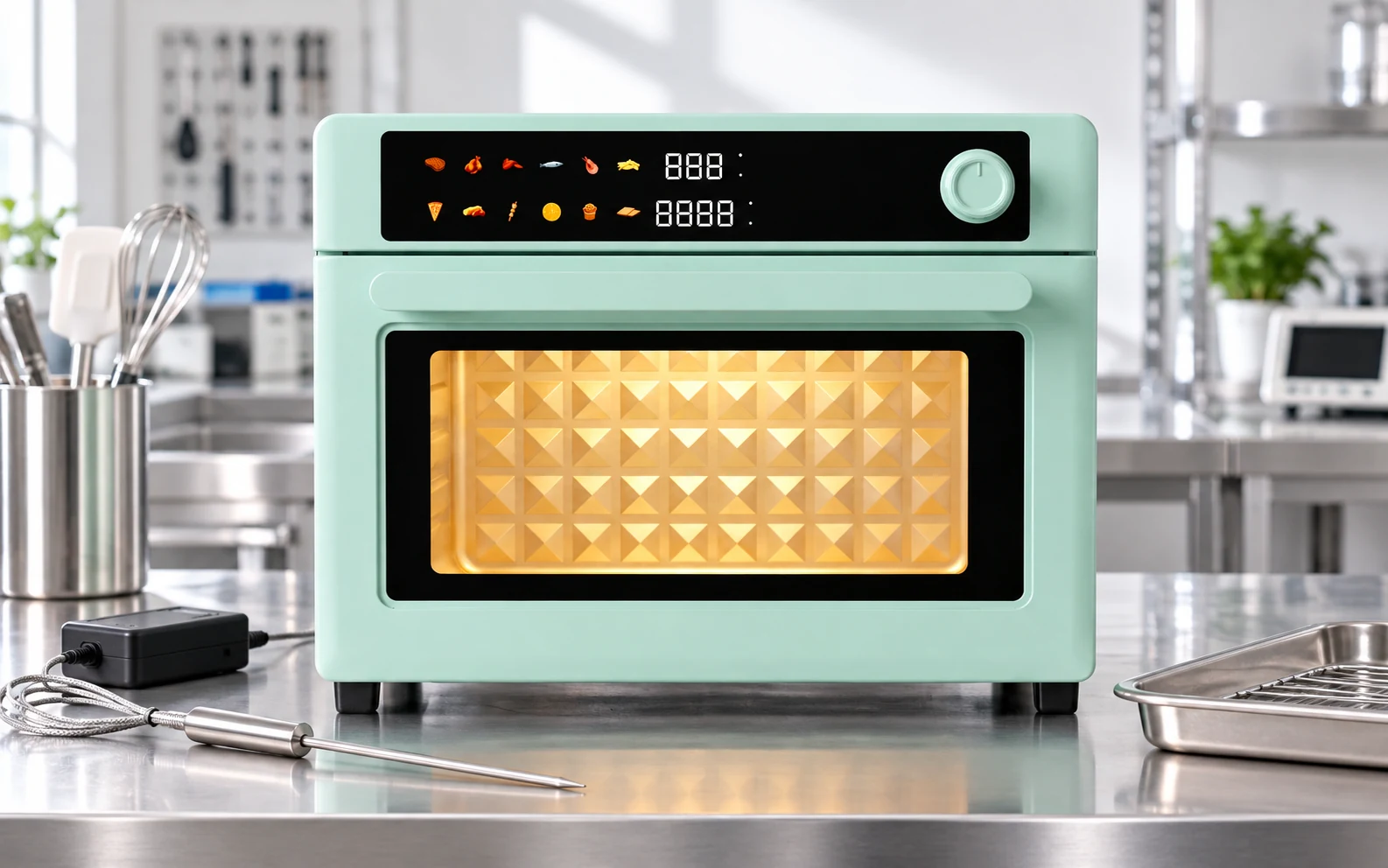 Countertop oven temperature validation setup with probe and data logger in an appliance test laboratory