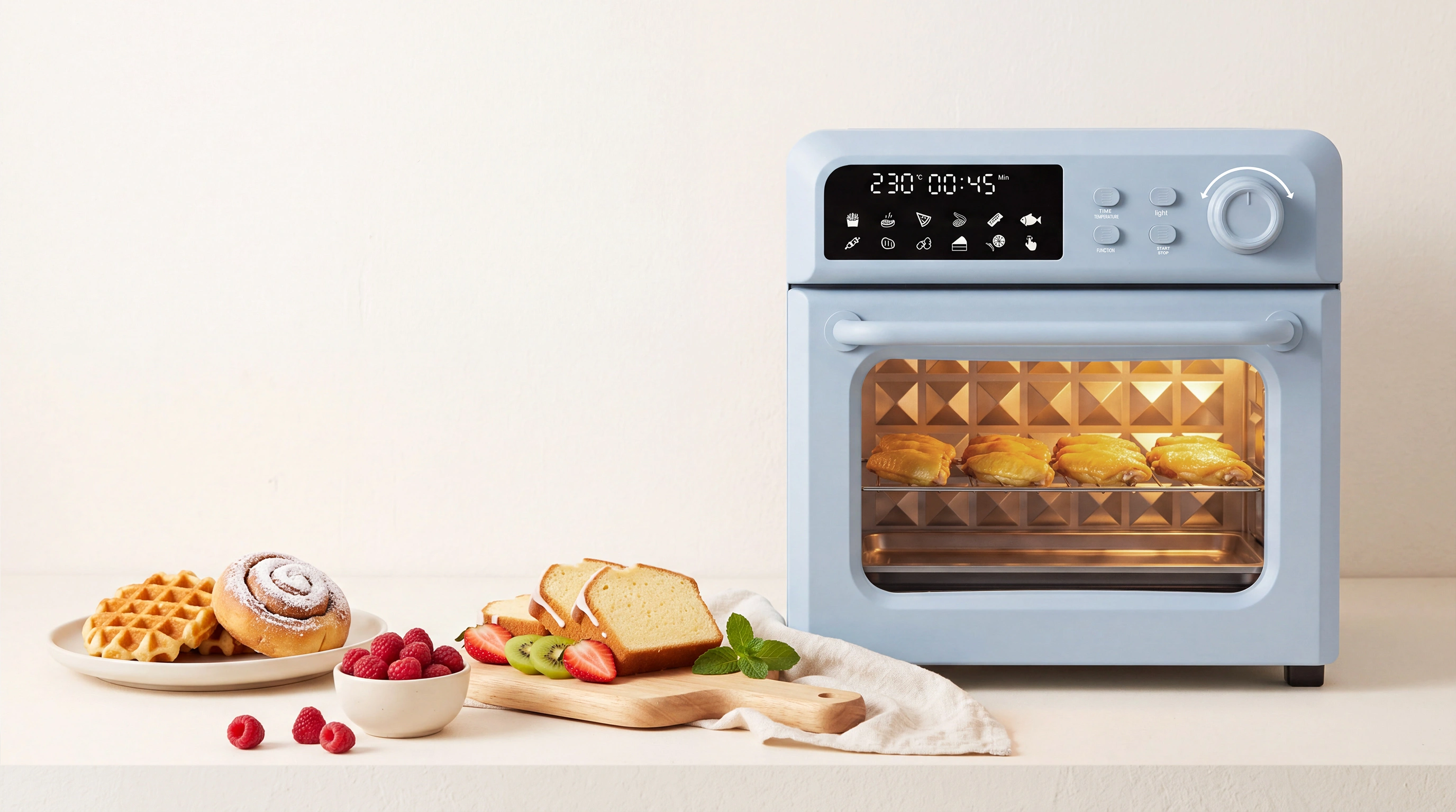 Cream digital countertop oven with prepared food for a buyer project discussion
