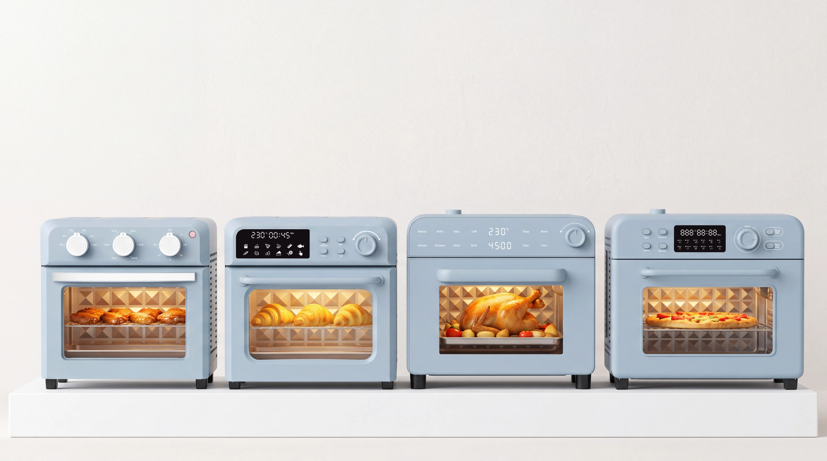 Four LINDENCOOK countertop oven platforms in cream, sage, rose and graphite finishes
