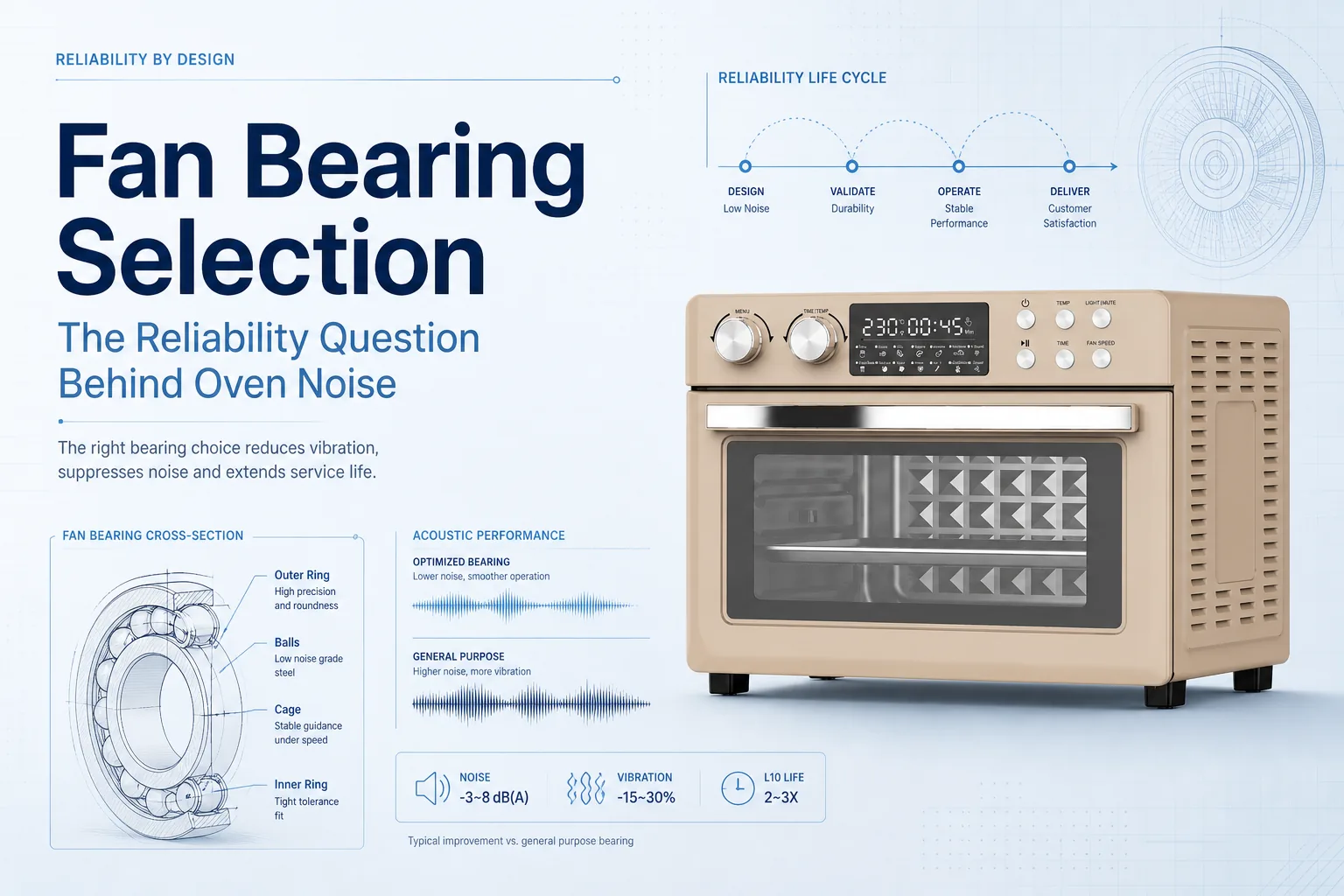 Blog cover: Fan Bearing Selection: The Reliability Question Behind Oven Noise