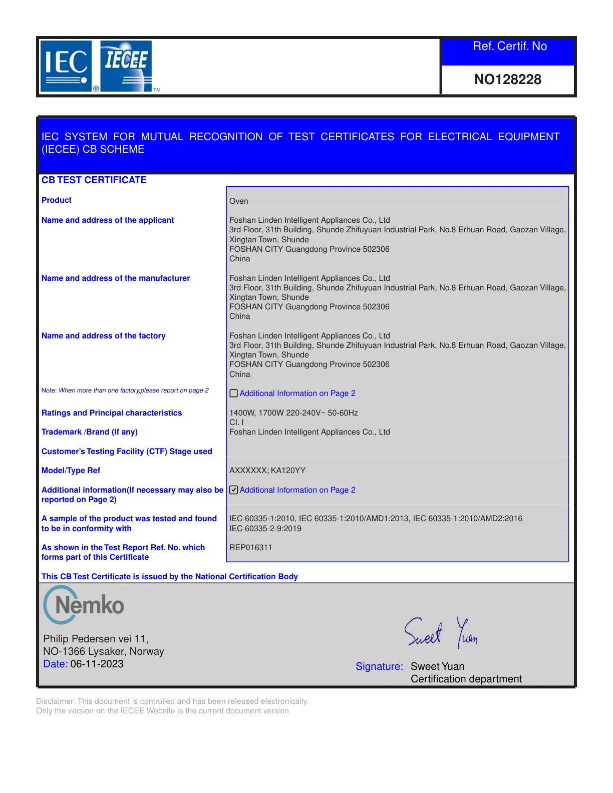 CB test certificate for an electric oven, certificate No. 128228