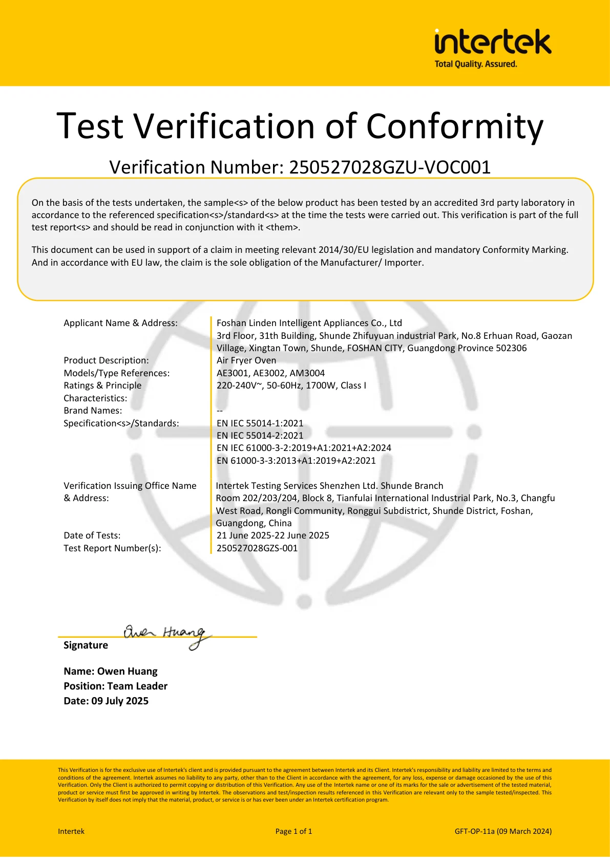 EMC verification of conformity certificate for an air fryer oven