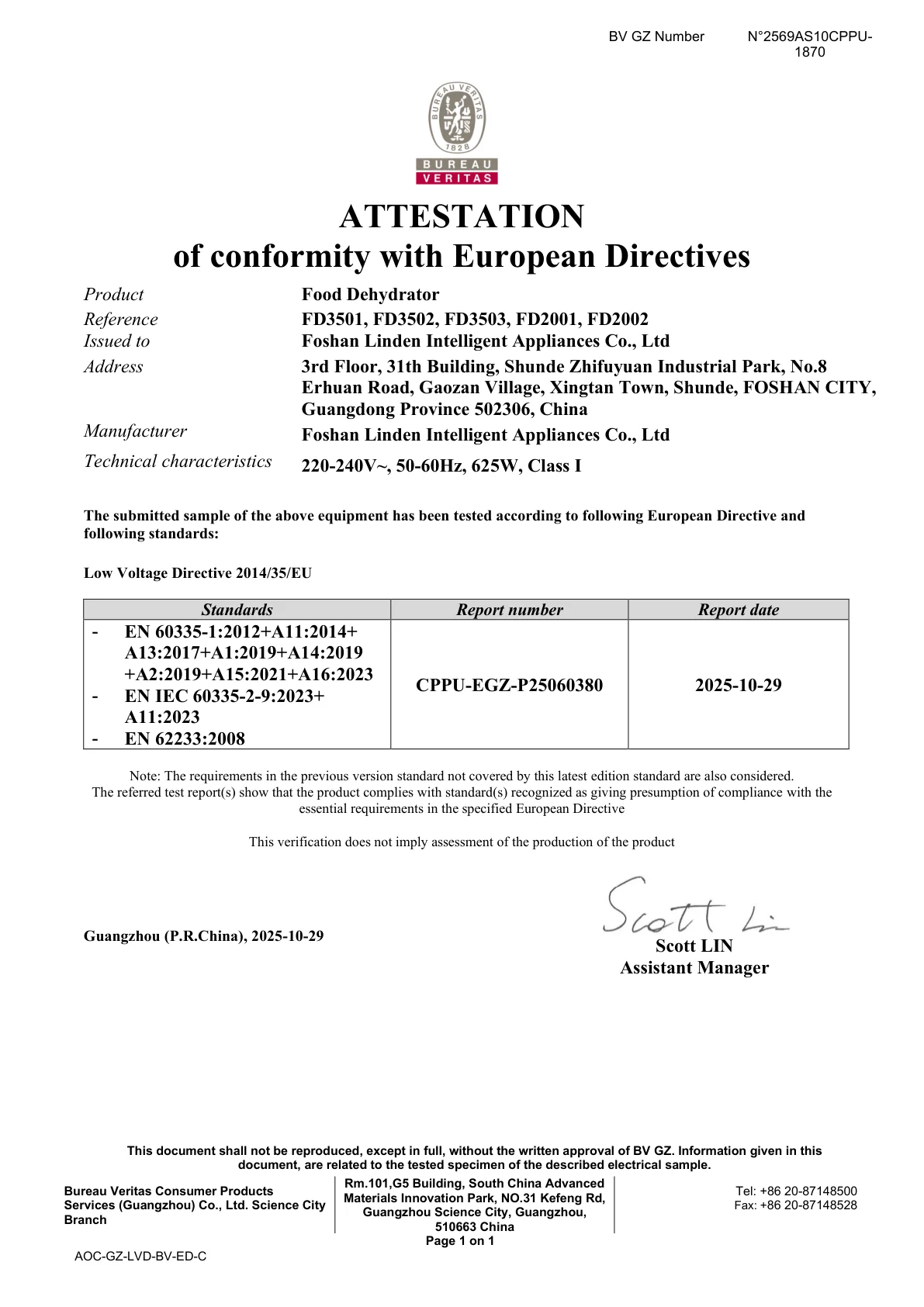 EU Low Voltage Directive attestation of conformity for a food dehydrator