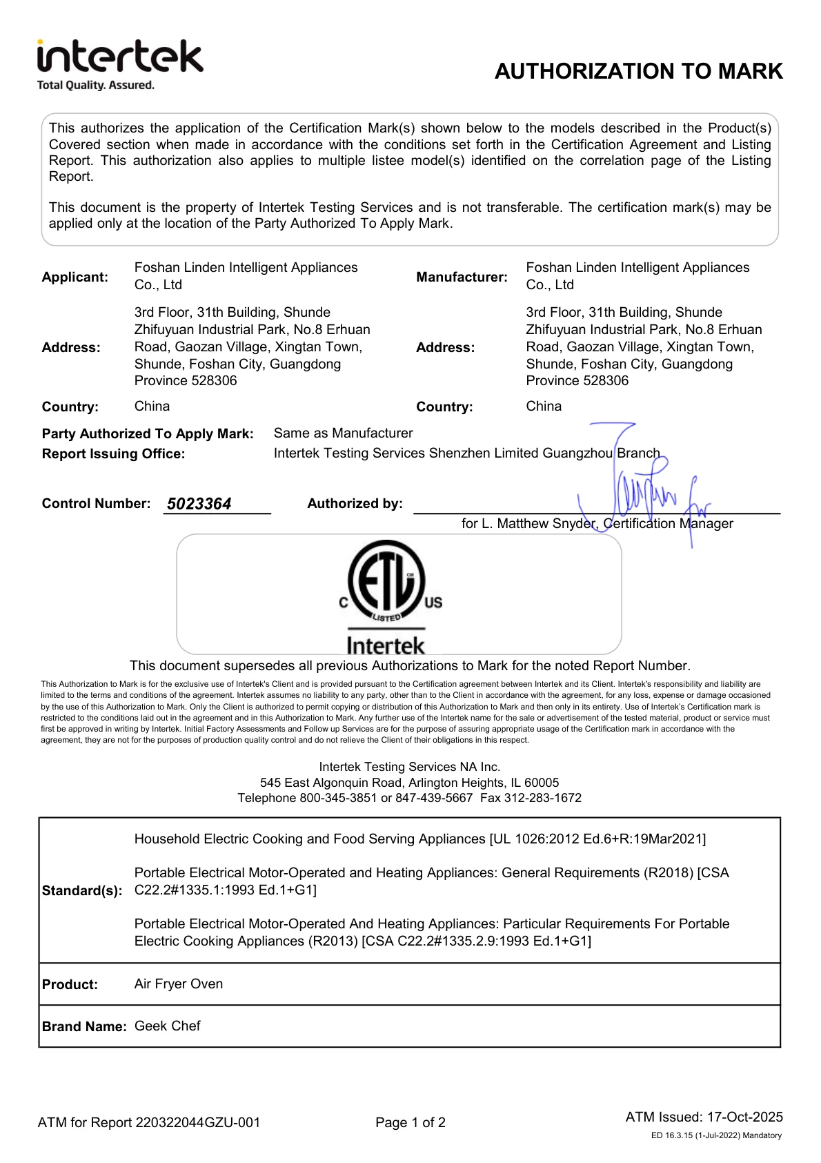 Authorization to Mark factory certificate and technical document