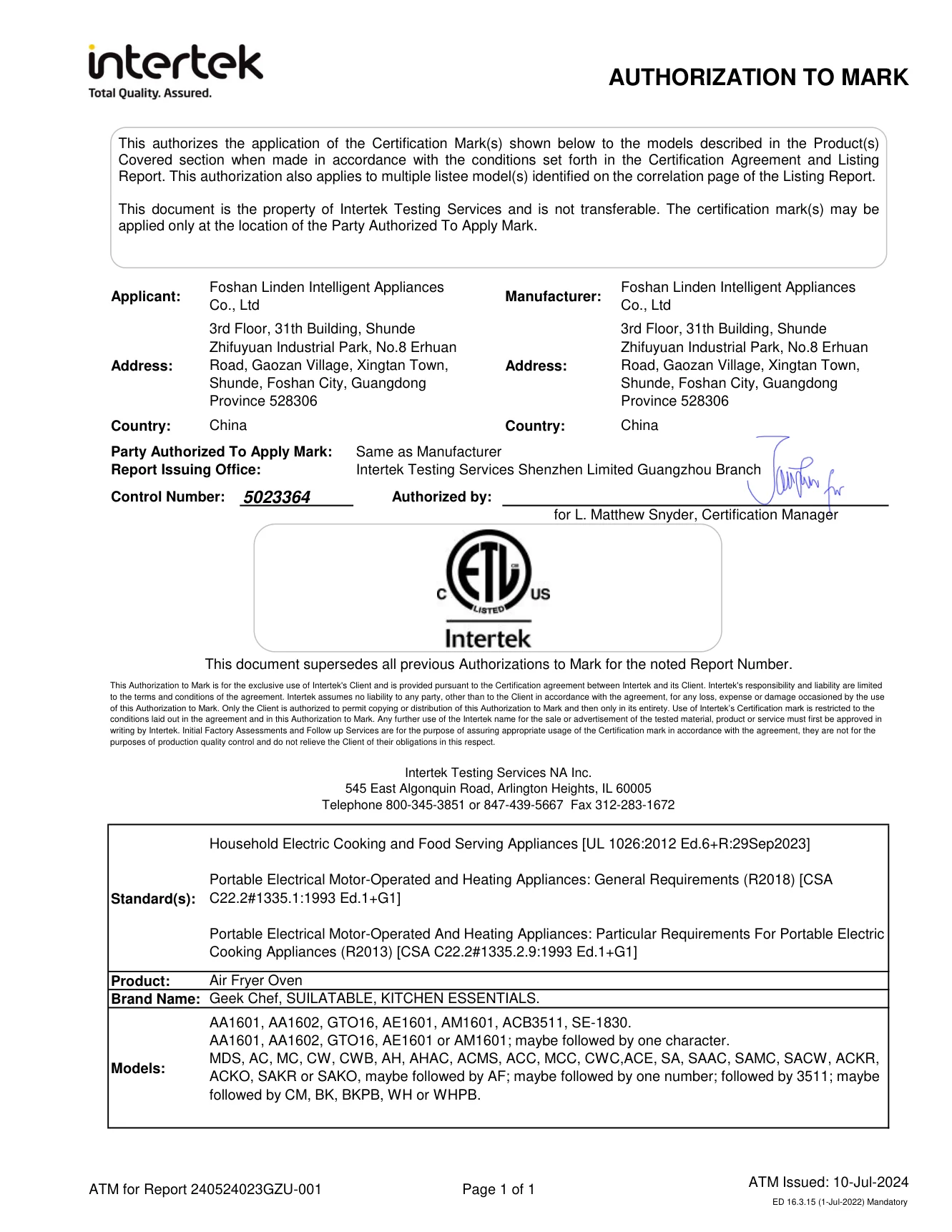 Authorization to Mark factory certificate and technical document
