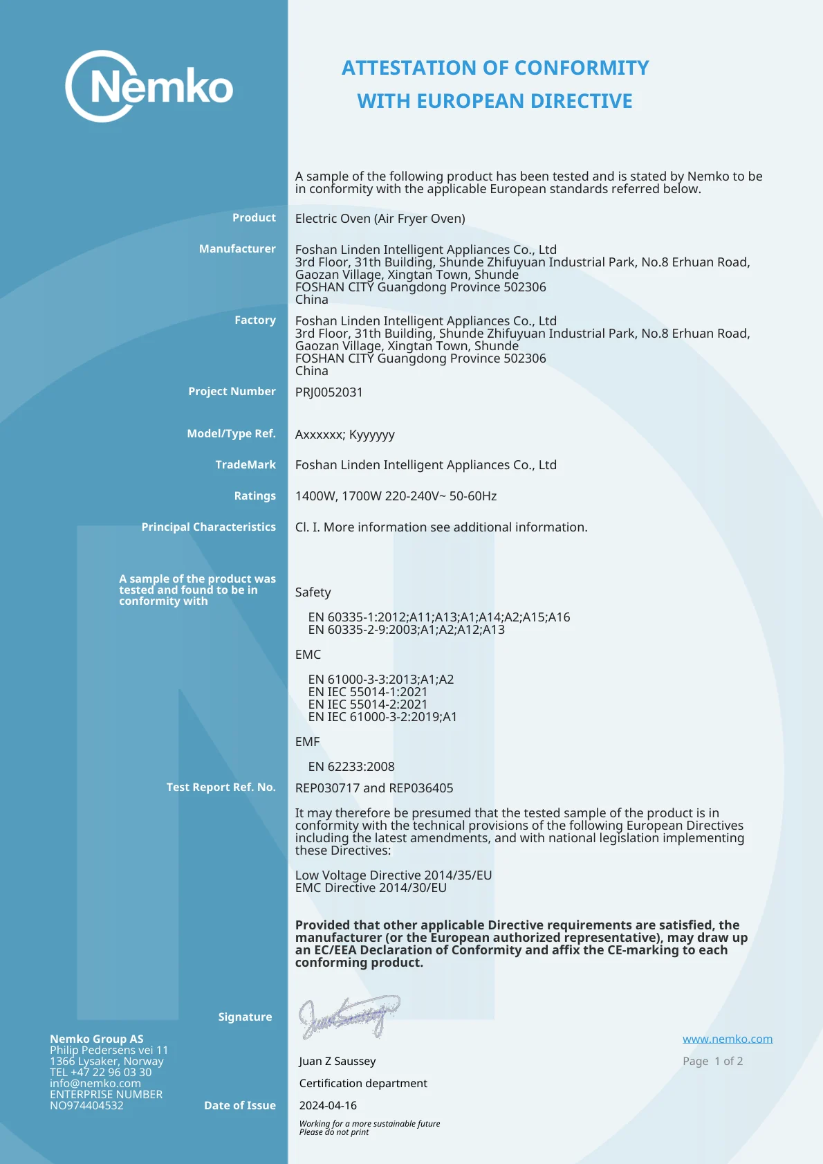 EU Directive Attestation of Conformity factory certificate and technical document
