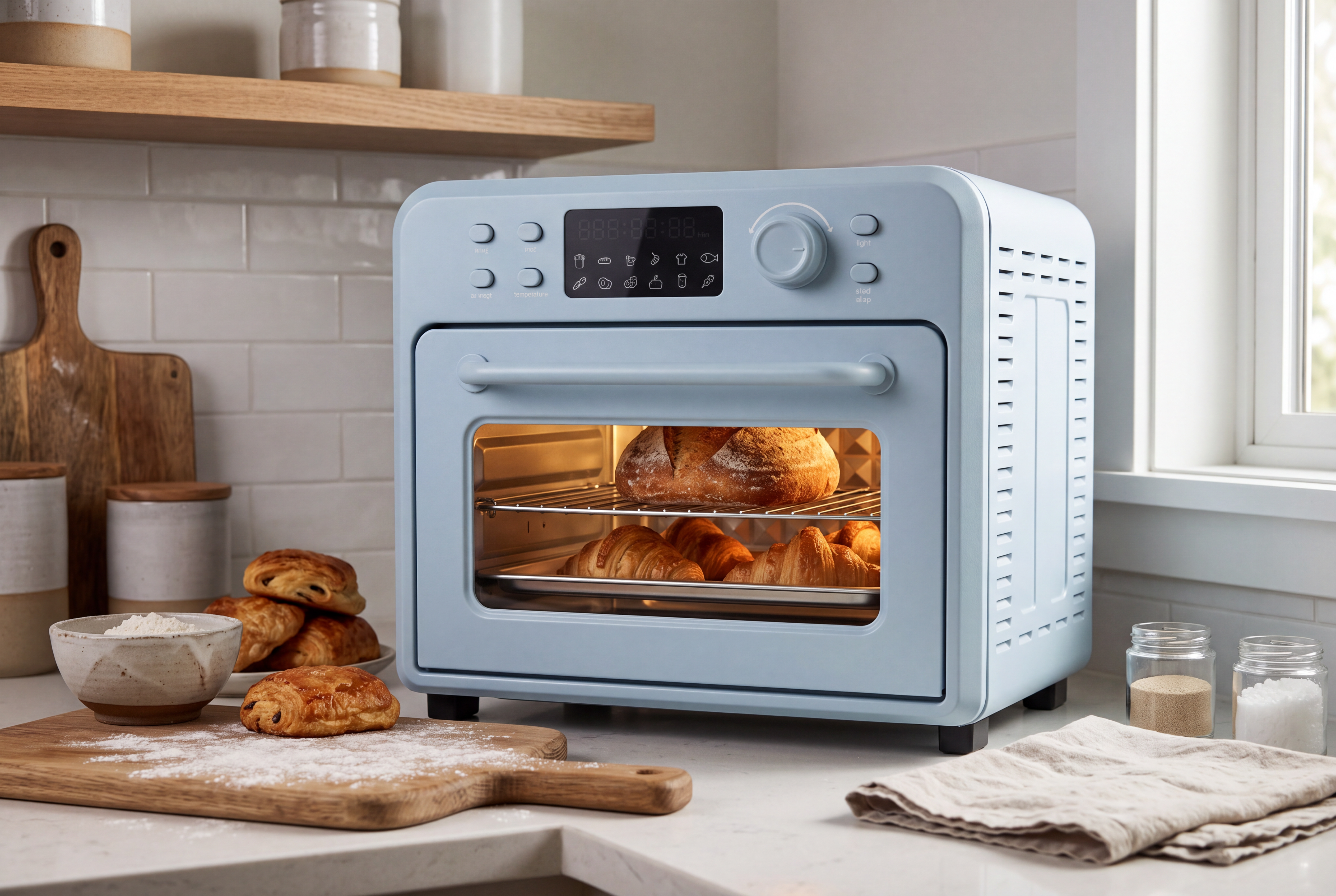 Blue air fryer oven baking bread and pastries in a bright kitchen setting