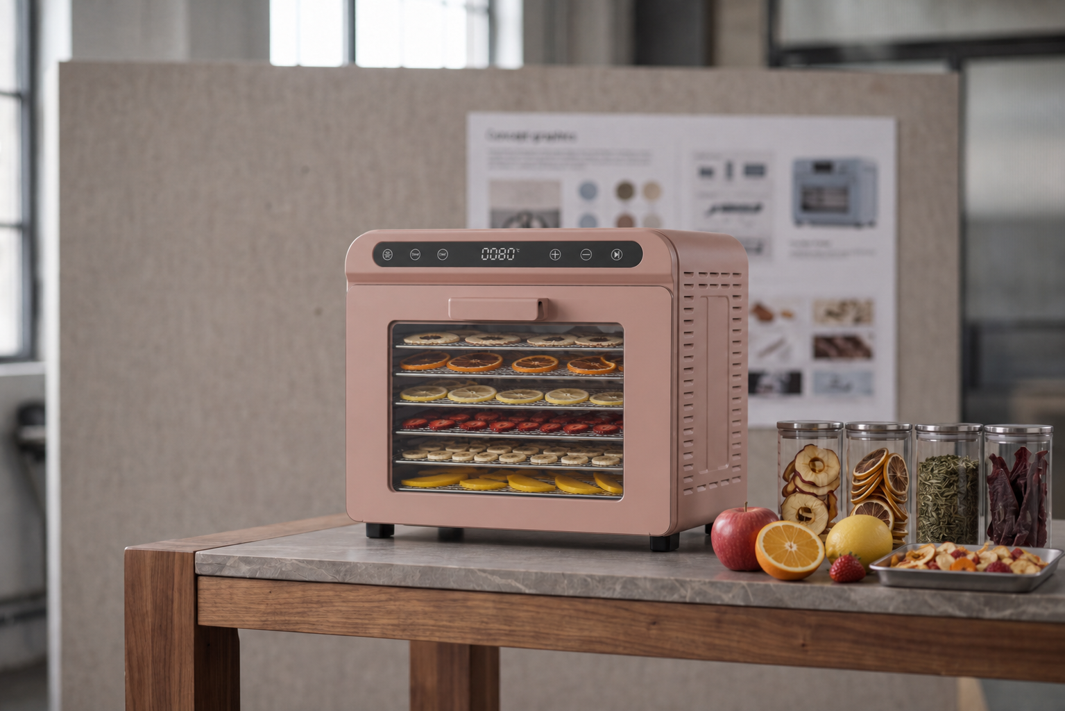 Pink countertop food dehydrator filled with sliced fruit and herbs on multiple trays