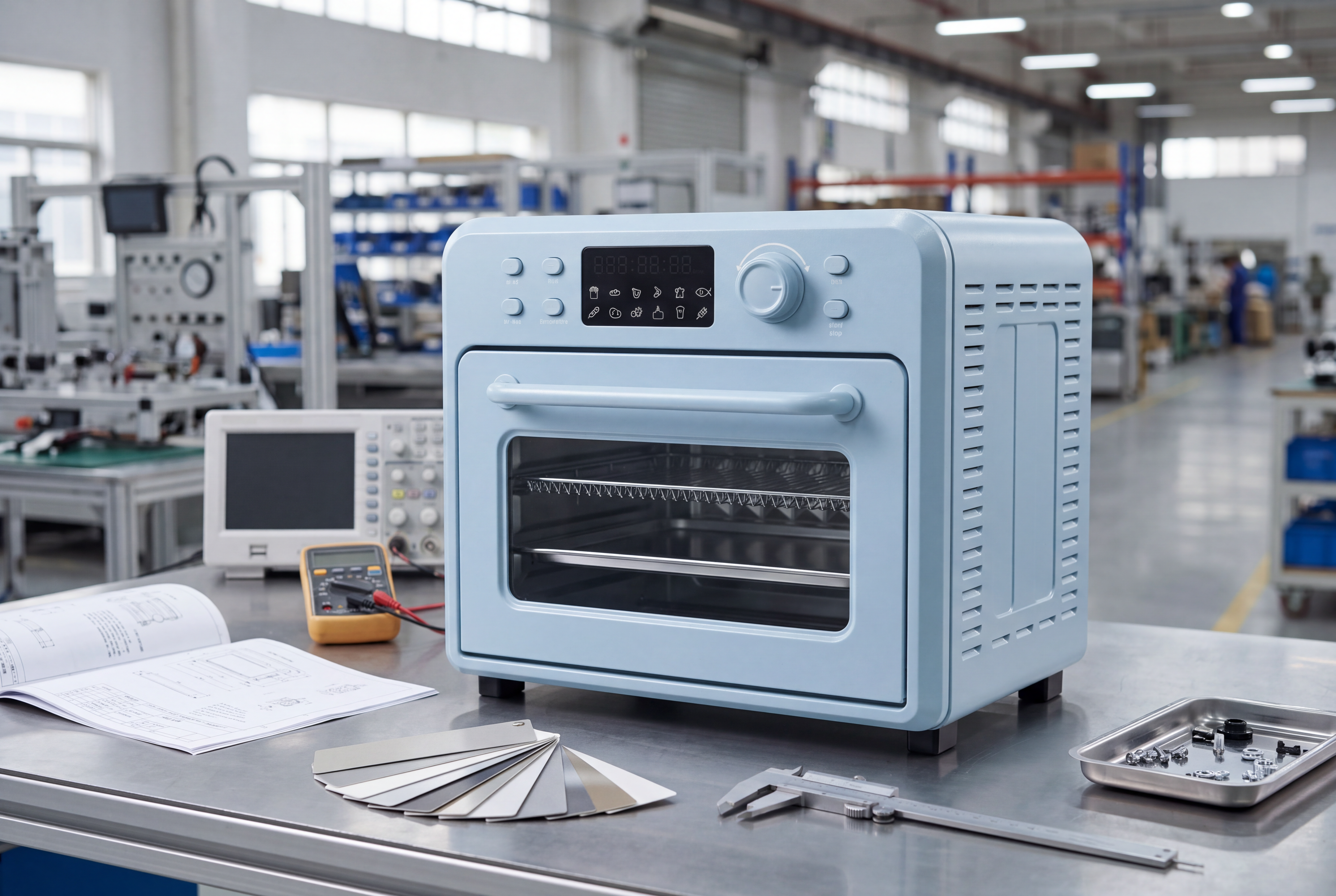 Air fryer oven OEM sample on a factory workbench during product launch planning