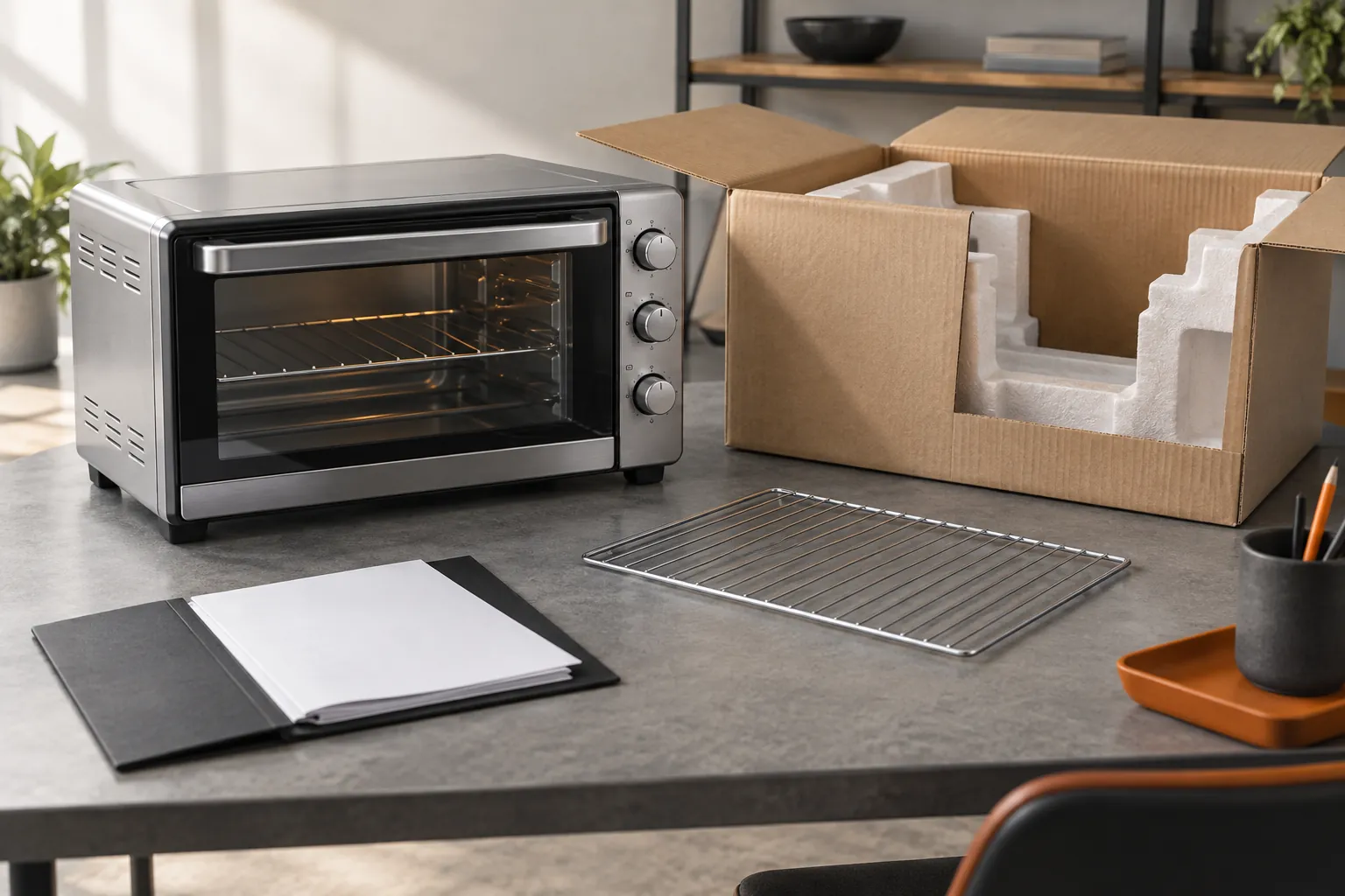 Countertop oven sample beside a shipping carton, protective inserts, oven rack and blank specification folder