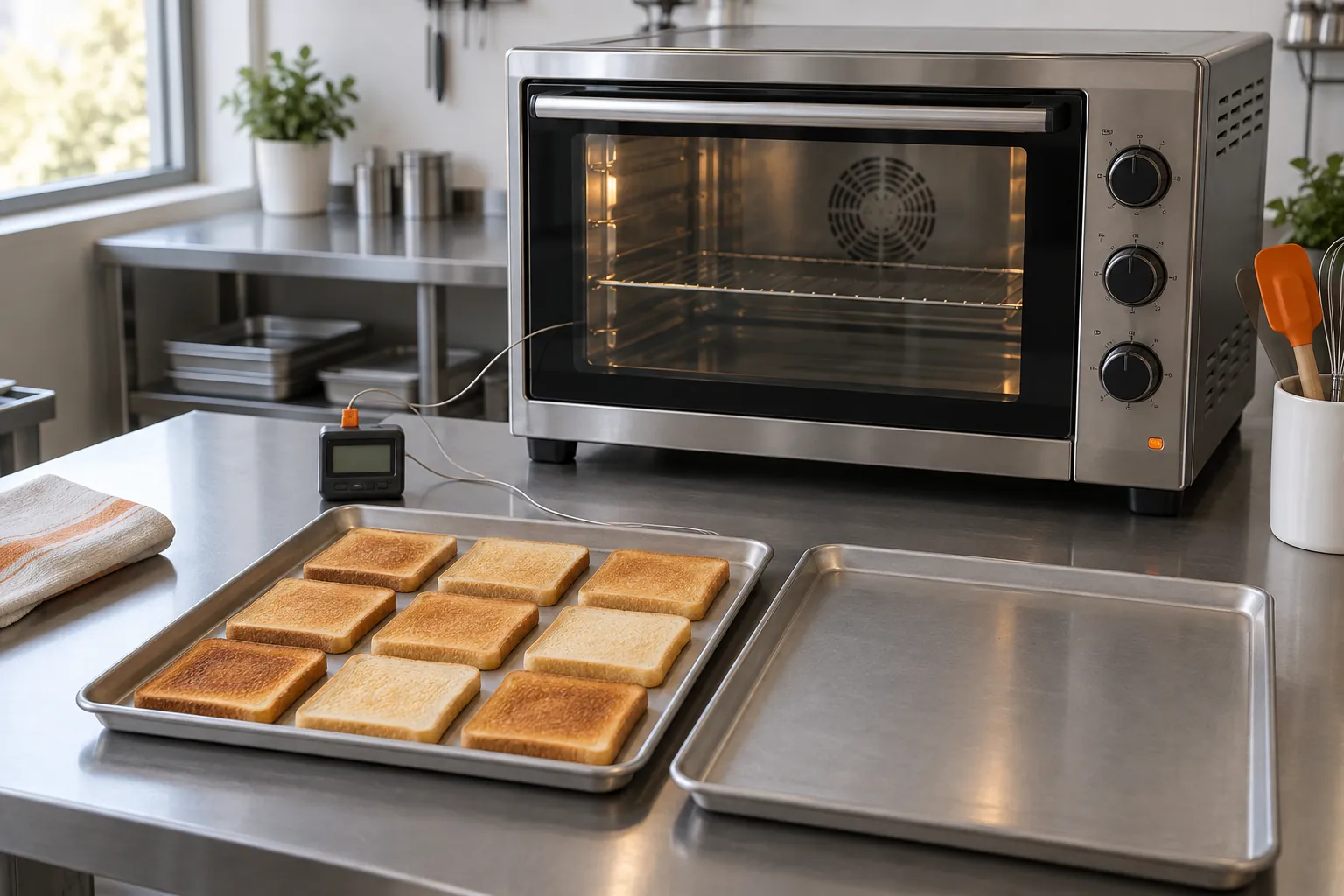 Countertop oven sample with toast squares, matching trays and a temperature logger on a test workbench