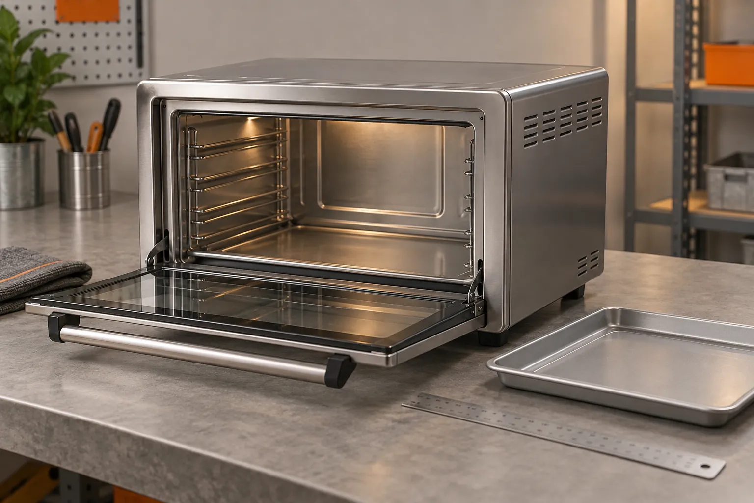 Open stainless steel countertop oven beside a baking tray and measuring ruler on a workbench